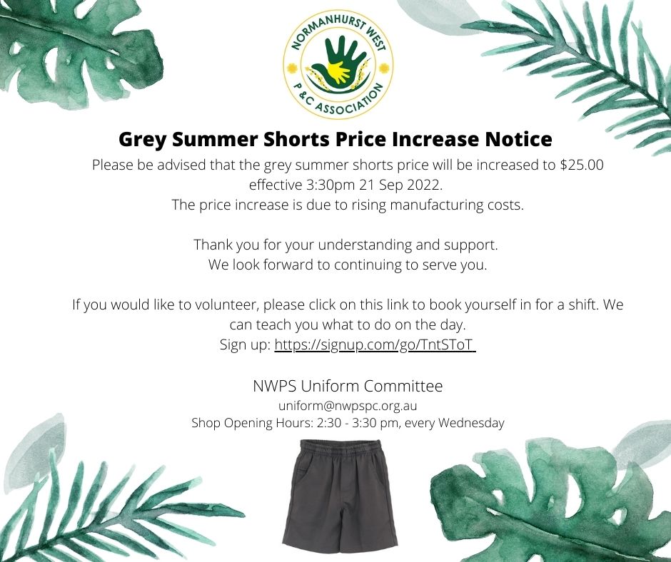 Grey Summer Shorts Price Increase Notice